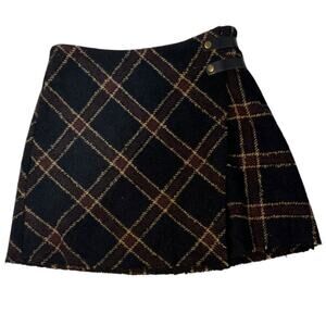 Urban Outfitters Black Brown Plaid Wool Wrap Mini Skirt Size M0